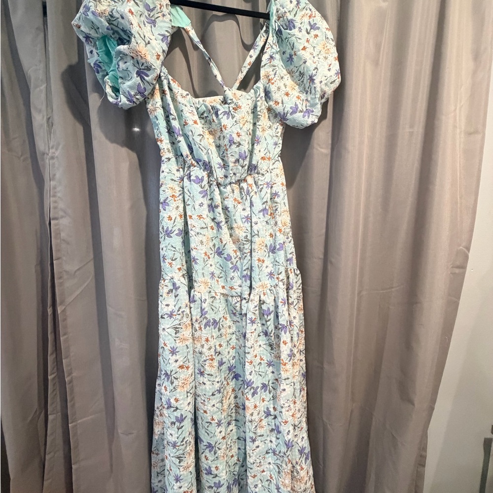 ASTR Floral Puff-Sleeve Maxi Dress in Light Blue
